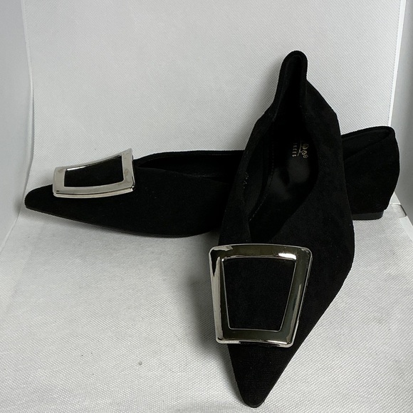 Seven Big Trees Shoes - Seven Big Trees Black Suede Pointed Toe Flats Silver Buckle Size 9